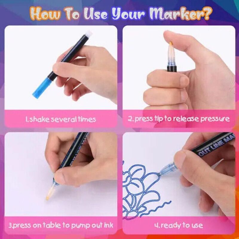8/12/24/36Pcs Plastic Double Line Outline Pen Waterproof Metallic Color Highlighter Shimmer Marker Fluorescent Pen Kids