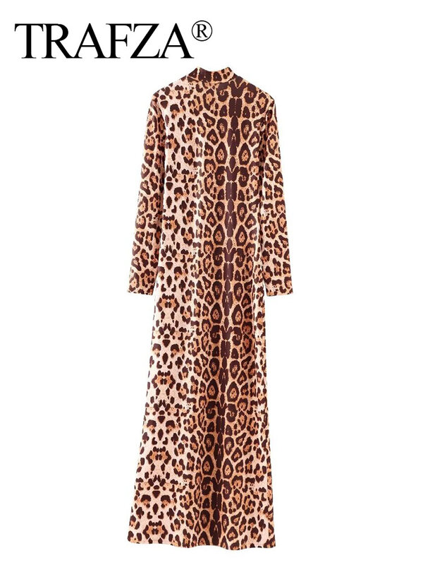 TRAFZA Female New Fashion Elegant Leopard Print Long Sleeve Dress Woman Vintage Chic Midi Evening Party Slim Dresses Vestidos