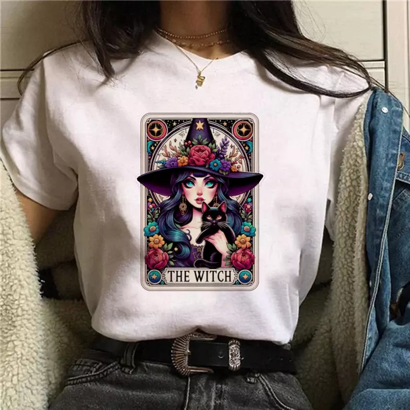 The Witch Short Sleeved T-Shirt Watercolor Trendy Printed T-Shirt Cartoon Printed Pattern Women's Round Neck Street T-Shirt Top