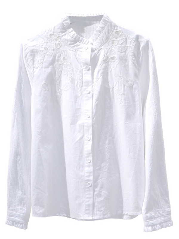 固体刺繍女性シャツ2020夏新固体長袖スリムフリルフリルエレガントなシャツ生き抜くコートトップス