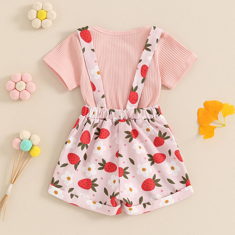 Suefunskry Toddler Girl Summer Outfit Solid Color Ribbed Short Sleeve Tops and Flower Print Suspender Shorts Overalls 2Pcs Set