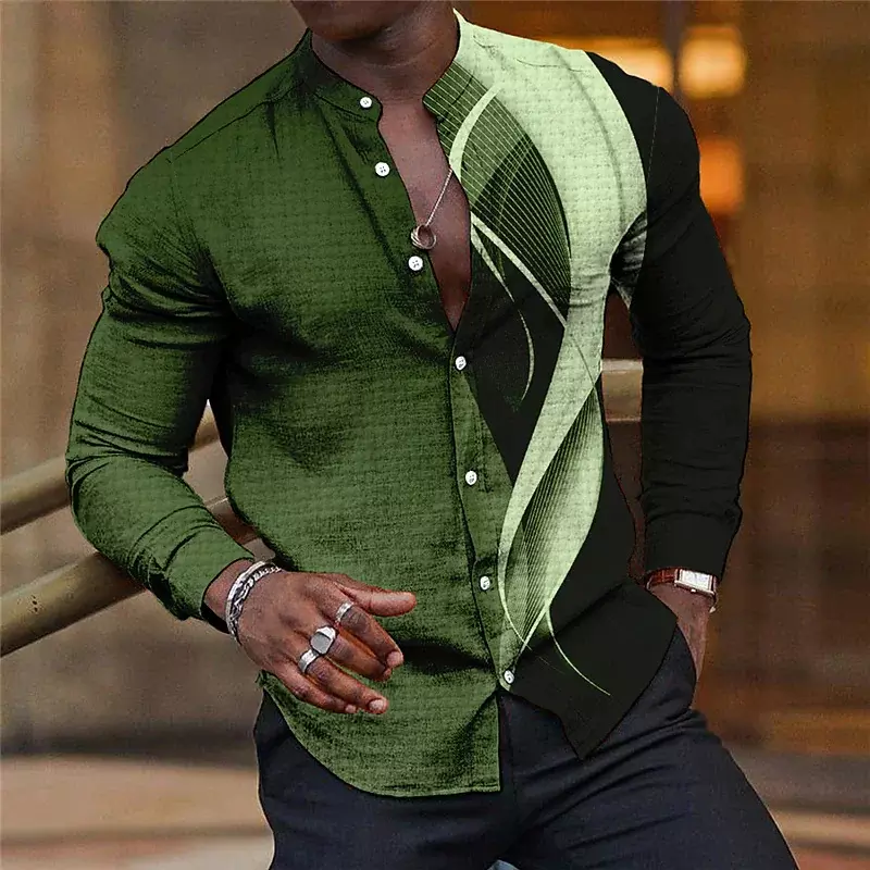 Рубашка мужская с отворотом, воротником-стойкой, модная повседневная синяя фиолетовая Геометрическая уличная искусственная ткань высокого качества, новинка 2023