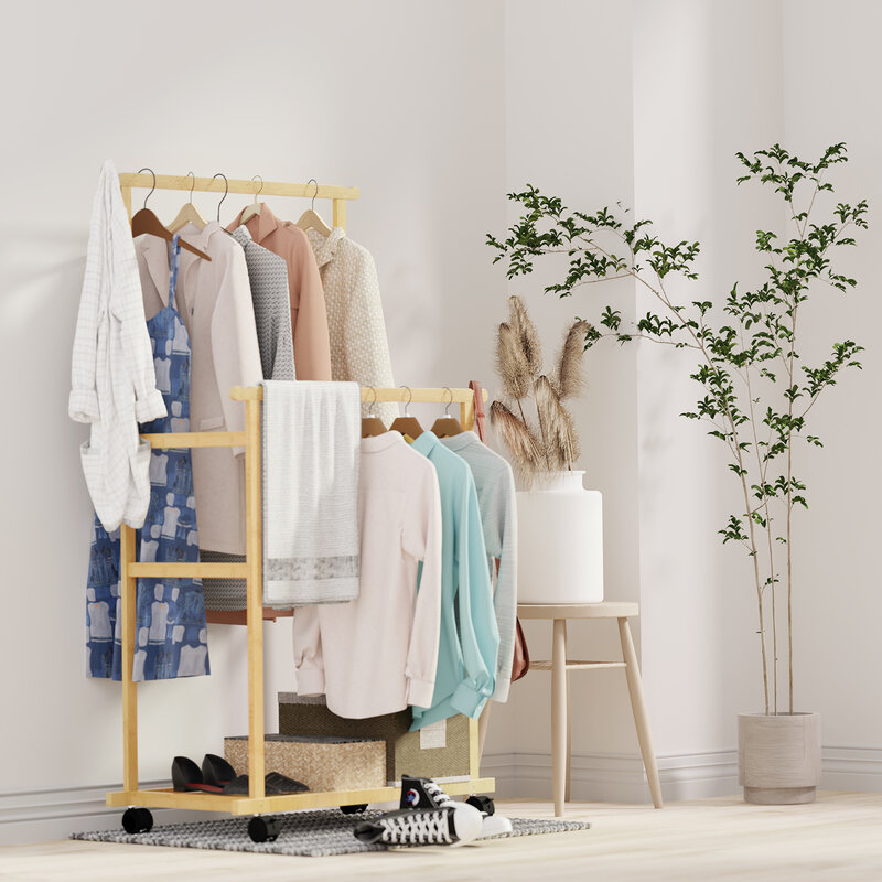 Bamboo Clothes Rail Rack Double Hanging Rails Clothes Rack on Wheels Free Standing Garment Rack with Storage Shelves Coat Rack
