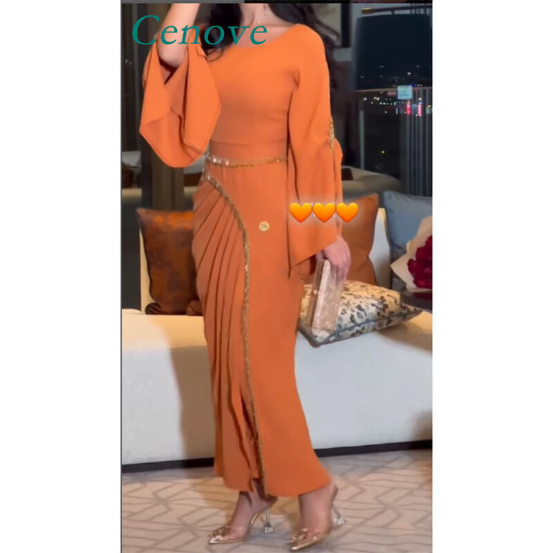 Cenove Orange Arab Dubai O Neckline Prom Dress Long Sleevs Evening Summer Elegant Party Dress For Women 2023