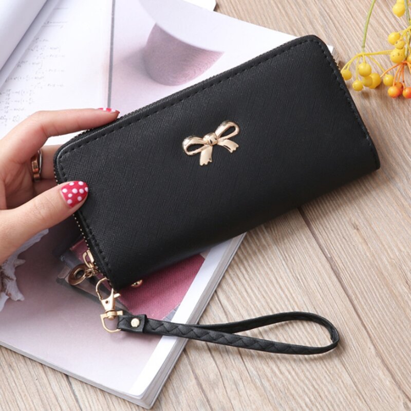 女性のための蝶ネクタイ付きPUレザーロングクラッチ、有名なデザイナーの財布、女性のためのファッショナブルなバッグ