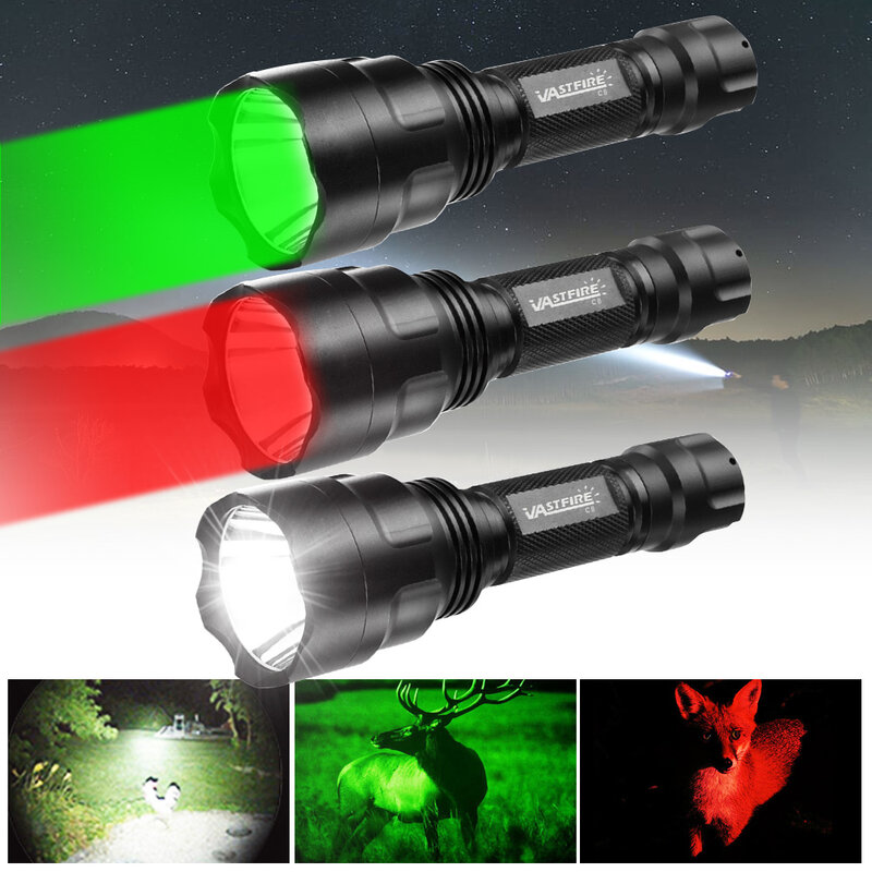 Powerful Red C8 Flashlight Tactical Green/Red/White Torch 1-Mode Predator Handheld Torch+Clip+Tail Switch+18650+Charger Set