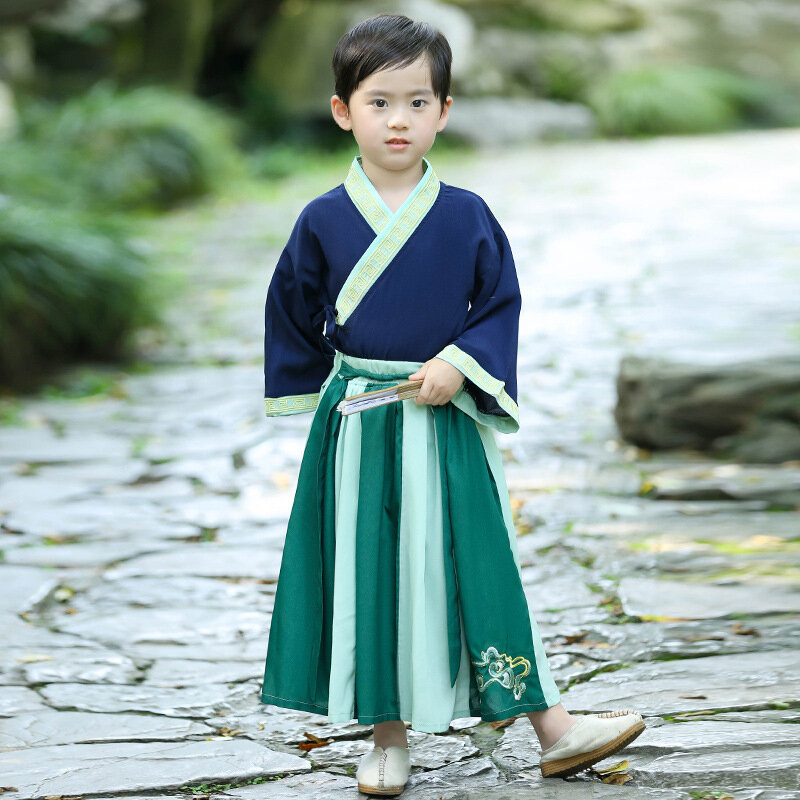 Chiński styl dziewczyny i chłopcy dwuczęściowy Hanfu dla dzieci Unisex kobiety kostium strój Tang Cospaly haft starożytny wydajność