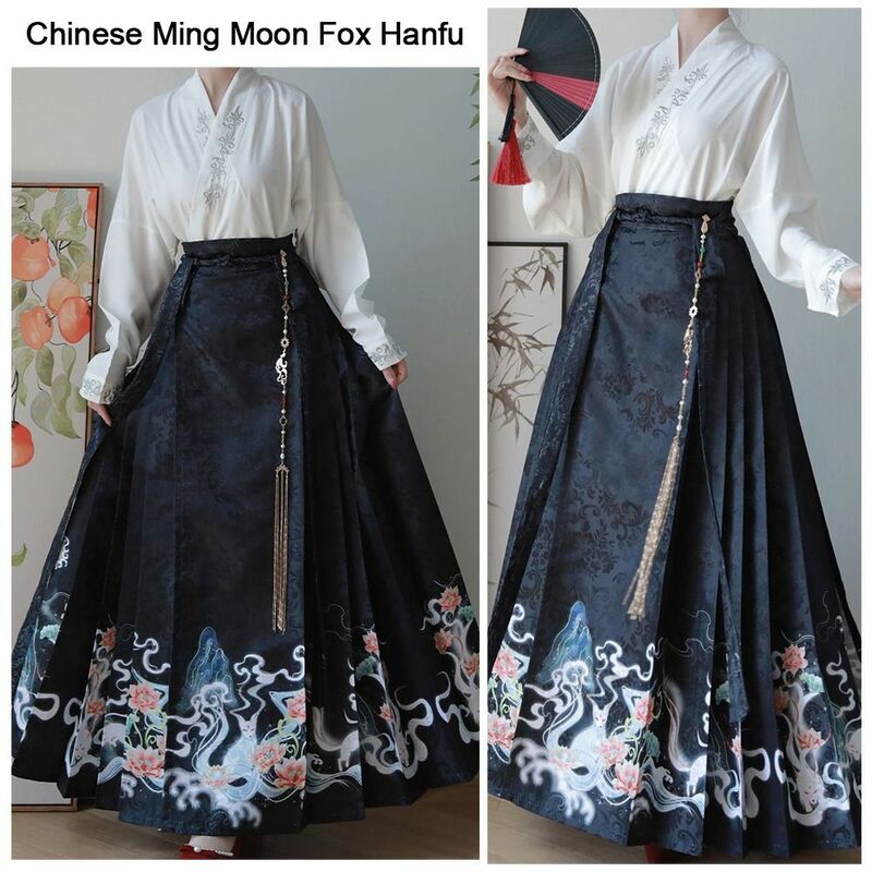 Rubah Ming bulan poliester Tiongkok, Hanfu tradisional warna-warni Vintage wanita Ming Hanfu rok wajah kuda