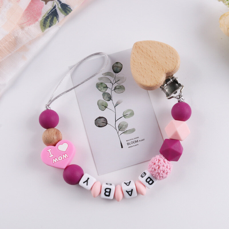 Personalized Name Baby Pacifier Clips Chains Heart Beech Silicone Beads Teethers Dummy Nipple Holder Clip Newborn Teething Toys