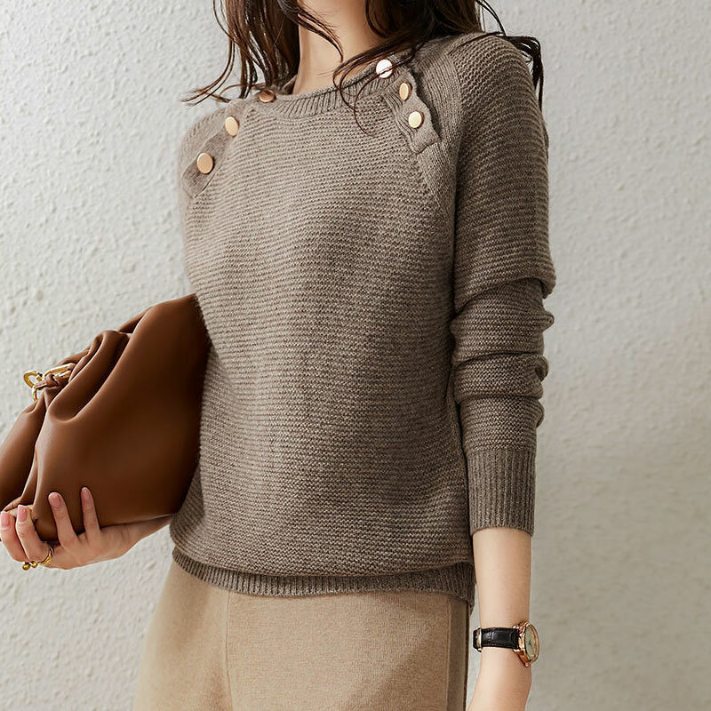 여성용 긴팔 풀오버 스웨터, 라운드 넥 S점퍼, 단색 스플라이싱 버튼, 스트레이트 튜브 패션, 가을 겨울