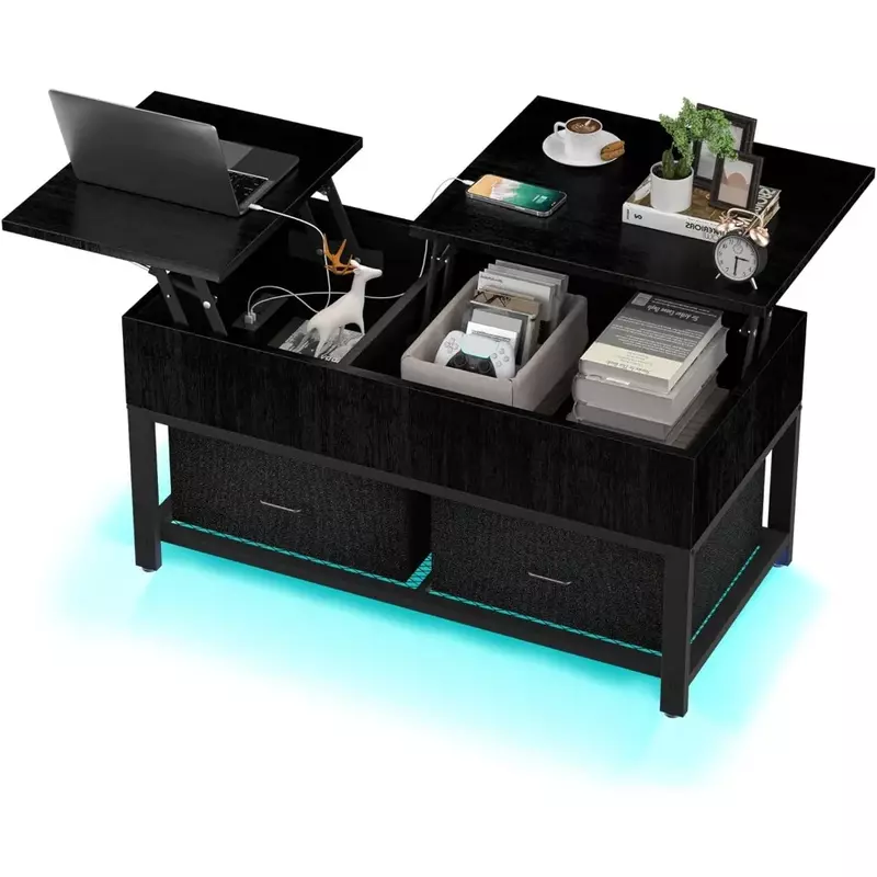 Meja kopi dengan penyimpanan, Meja tengah kotak Modern dengan Port pengisian daya USB, meja kopi 39.4"