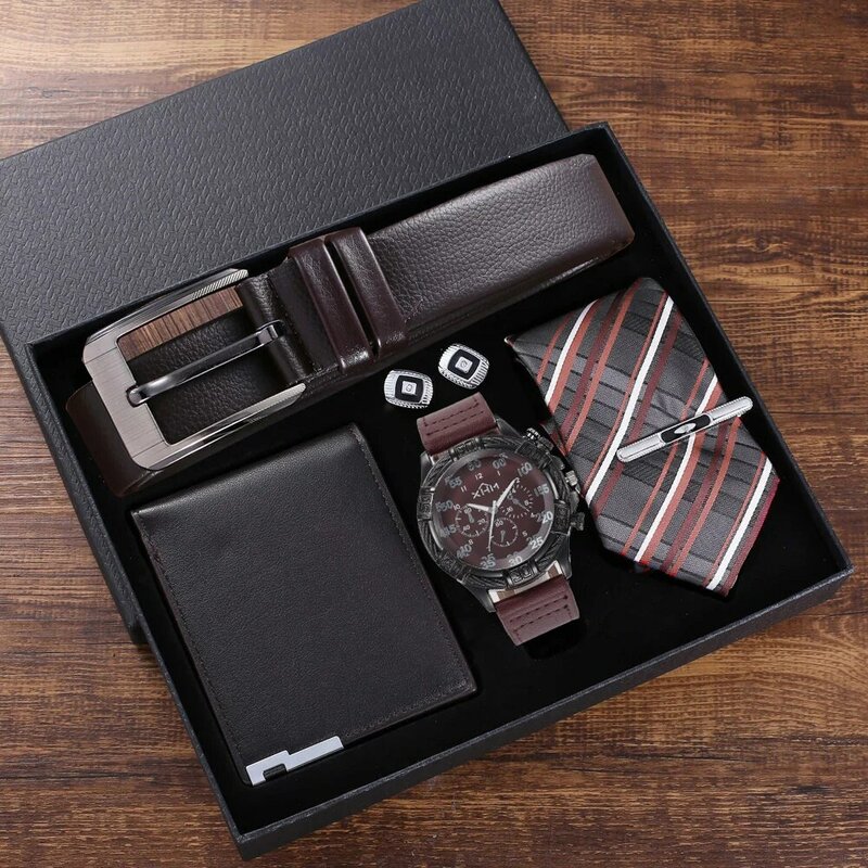 Mode männer Uhr Set Geschenk Box Leder Gürtel Brieftasche Krawatte Manschettenknöpfe Geburtstag Business Geschenke Set für Männer Freund Vater mann