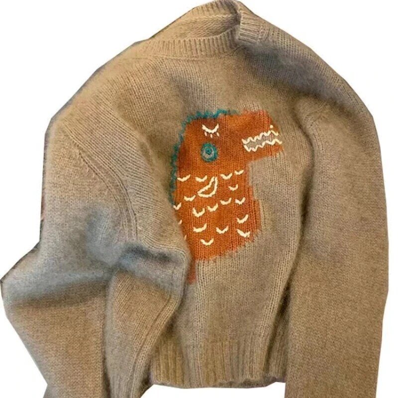 Милый жаккардовый дизайнерский женский свитер EBAIHUI, модная дамская вязаная одежда в ленивом стиле, новинка осень-зима, Свободный пуловер с длинным рукавом
