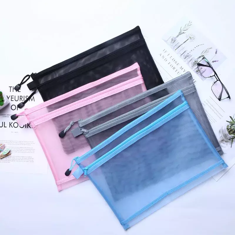 A4 A5 A6 Portable Double-layer Mesh Zipper File Bag Transparent  Student Paper Data Storage Bag Office Files Stationery