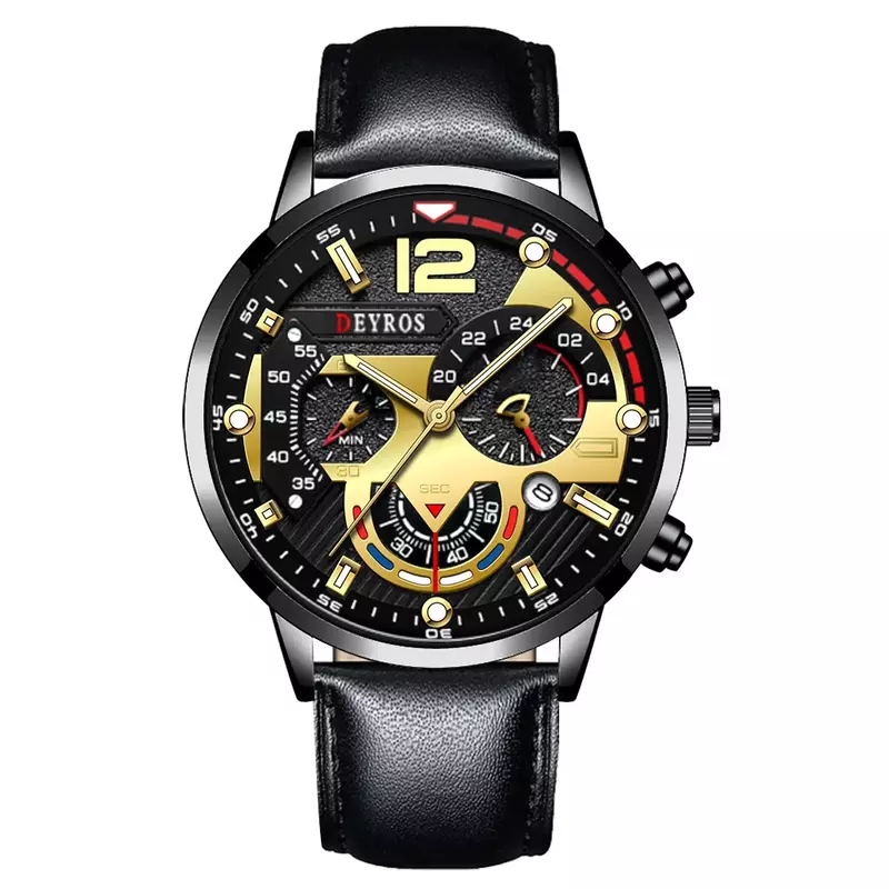 นาฬิกาหรูสำหรับผู้ชายนาฬิกาข้อมือควอทซ์สแตนเลสสตีลปฏิทินวันที่เรืองแสงนาฬิกานักธุรกิจผู้ชายหนังลำลอง