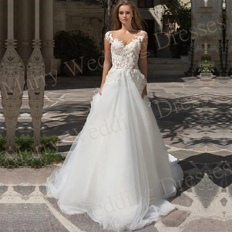Gaun pernikahan wanita, 2024 klasik anggun A Line Modern ace applique leher V dalam gaun pengantin Backless Vestidos Novias Boda