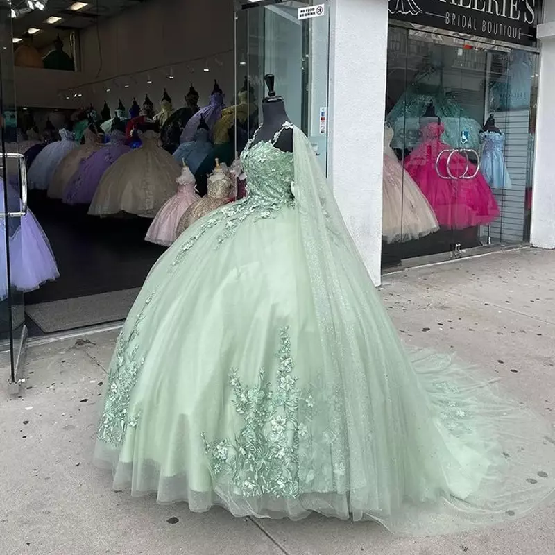 Luxury Shiny Princess Quinceanera Dresses With Glittering Cape Vestidos De 15 Anos 3D Flower Applique Formal Birthday Ball Gown