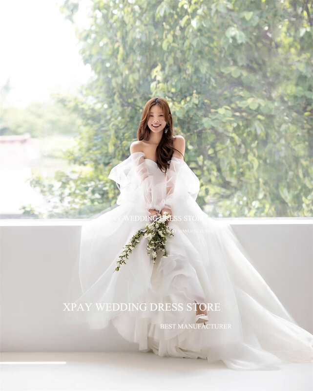 XPAY милое корейское ТРАПЕЦИЕВИДНОЕ свадебное платье из тюля с длинными рукавами-фонариками для фотосъемки с открытыми плечами в пол корсет платье невесты