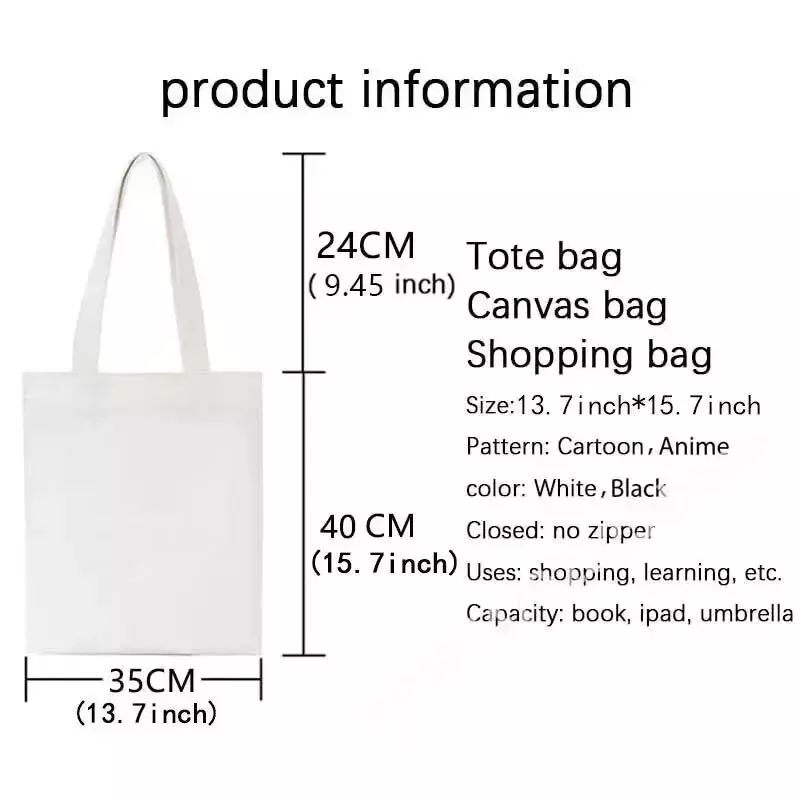 Sacola de compras reutilizável de grande capacidade para senhoras, sacola de lona impressa branca elegante dos desenhos animados, sacola de compras portátil