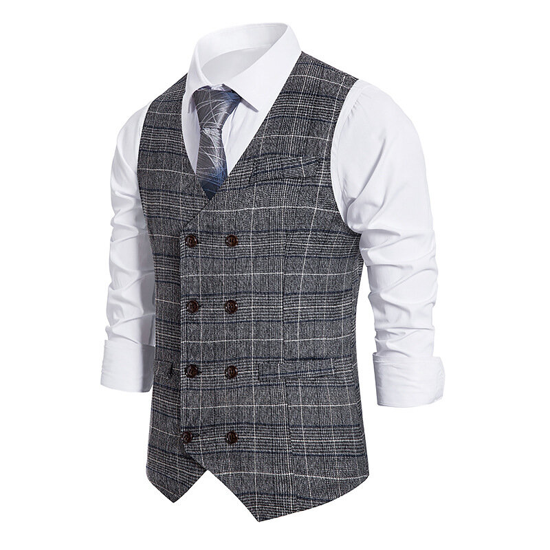 Fashion Men's Plaid Suit Vest Personality Double-breasted Vintage Horse Jacket Formal Vest