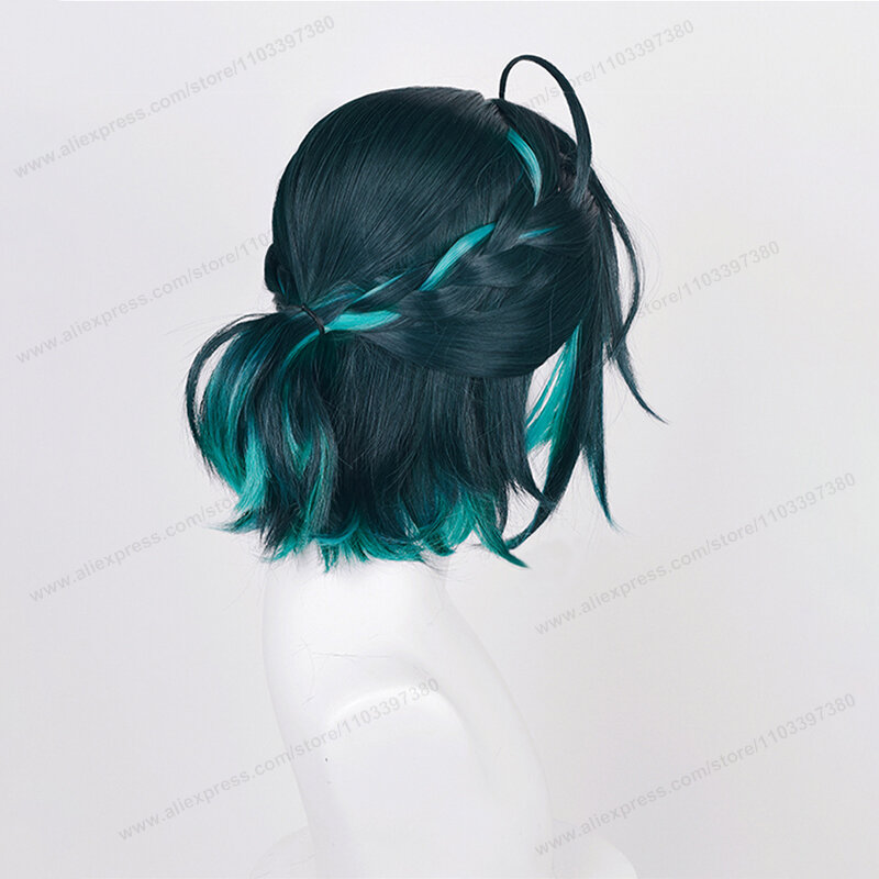 Xiao Cosplay Wig 35cm Short Green Mixed Braid Wig Anime Heat Resistant Synthetic Cosplay Wigs + Wig Cap