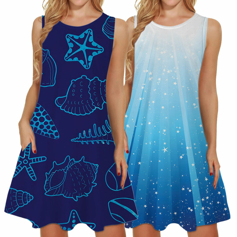 Gaun Vestidos gaun Midi tanpa lengan Motif kartun biru leher O untuk wanita gaun pesta pantai elegan musim semi musim panas modis