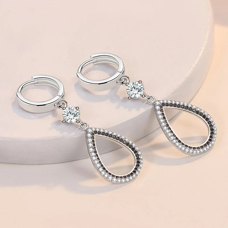 ALIZERO 925 Sterling Silver Black Zircon Water Drop Earrings For Women Wedding Engagement Party Fashion Jewelry