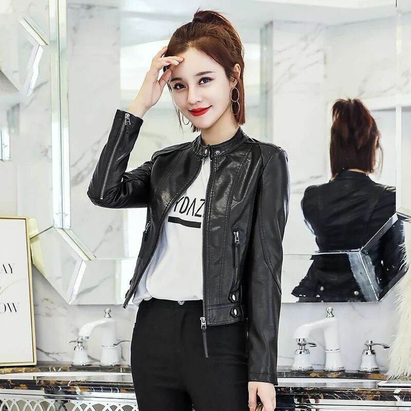 Women's motorcycle leather jacket, high collar fitted, short personality, women's wear, spring and Autumn