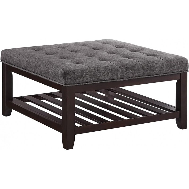 Table basse en lin touffeté avec étagère en bois massif, grandes solutions carrées, repose-pieds, gris foncé, 24kF