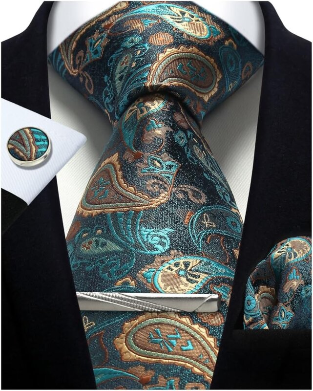 ربطة عنق بيزلي زهرية للرجال ، ربطة عنق عالية الجودة للعمل ، مشبك ربطة عنق مربعة للجيب ، طقم أزرار أكمام ، كلاسيكي لصندوق الهدايا ، حرير