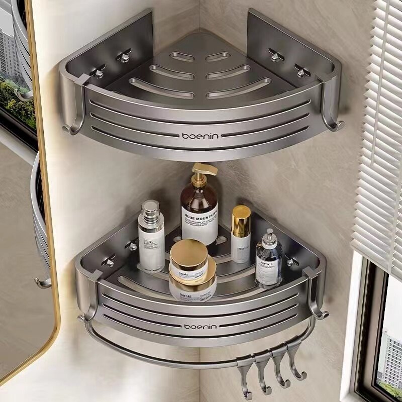 Wall Mounted Bathroom Shelves Shower Corner Shelf with Towel Bar Hook Space Aluminum Shampoo Holder Kitchen Organizer Rack