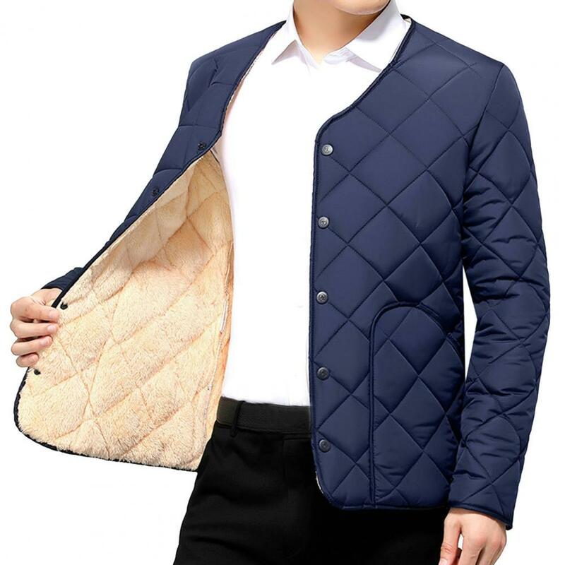Casaco acolchoado de peito único masculino com bolsos de forro de lã, casaco quente para neve, inverno