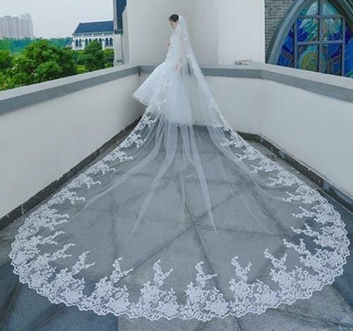 حجاب زفاف طويلة مع حواف الدانتيل ، طول الكاتدرائية ، اكسسوارات الزفاف ، الحجاب مع مشط ، Largos
