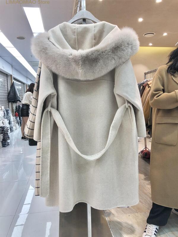 Casaco de lã com capuz feminino com gola de pele de raposa real, capa grande, casacos de caxemira quentes, inverno, estilo Nen Longer