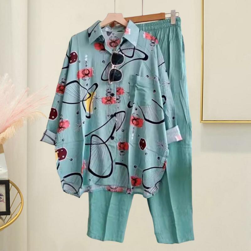 Women Casual Printed Top Slacks Colorful Print Women's Shirt Pants Set with Long Sleeve Blouse Wide Leg Trousers for Ladies