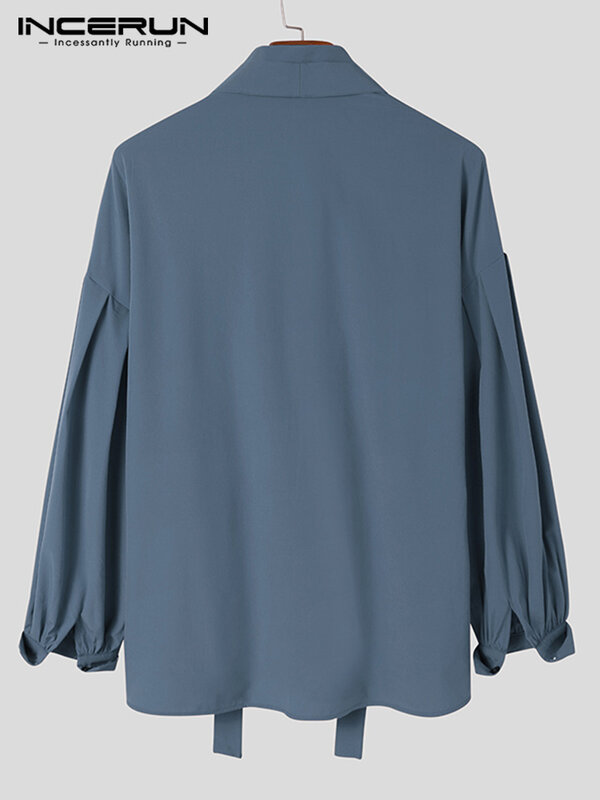 Kaus Pria Fashion Lengan Panjang Puff Kerah Warna Solid dengan Dasi Camisa Masculina 2023 Kaus Kasual Longgar Streetwear S-5XL INCERUN
