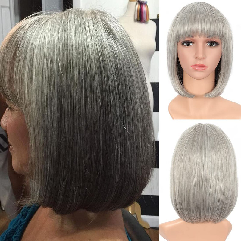 Fashion Granny Grey Bob Straight Wig for Women Washable Breathable Short Hair Extension Cover for Masquerade Carnival Parties