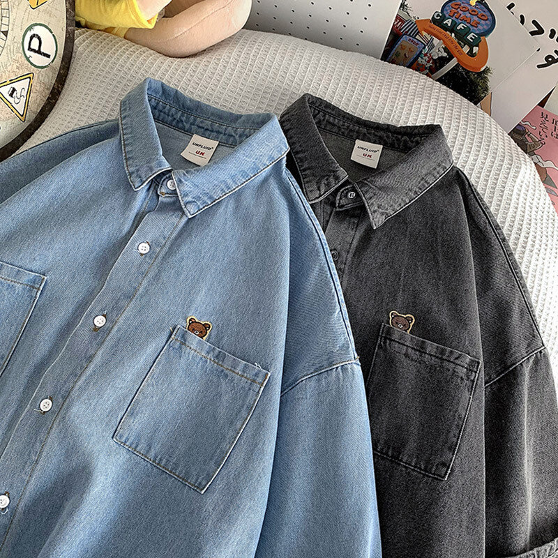 New Retro Denim Shirt Korean Edition Men's Brand Design Summer Handsome Youth Travel Shopping Loose Size Short Sleeve Shirt Coat