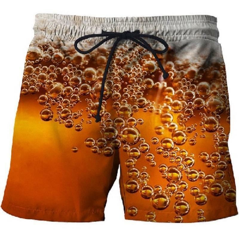 Calça gráfica de cerveja masculina, calça de praia estampada em 3D, maiô de surf, casual, verão