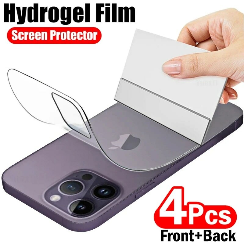 4 buah Hydrogel Film untuk iPhone 11 12 13 14 15 Pro Max pelindung layar untuk iPhone 6 7 8 Plus X XR XS Max Film belakang bukan kaca