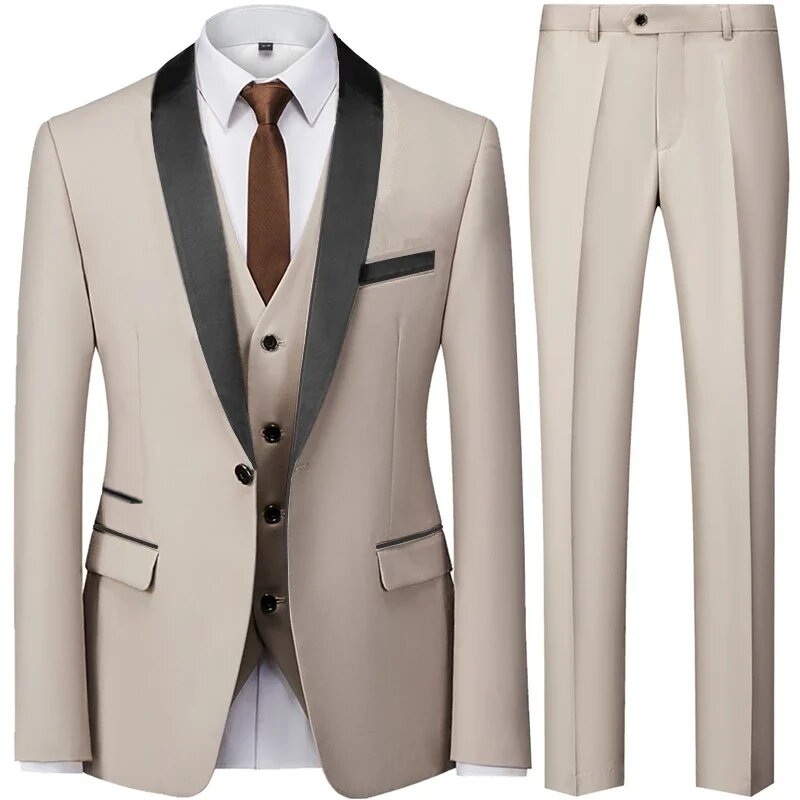 Traje de cuello de bloque de Color para hombre, chaqueta y pantalones, chaleco informal de negocios para boda, conjunto de 3 piezas