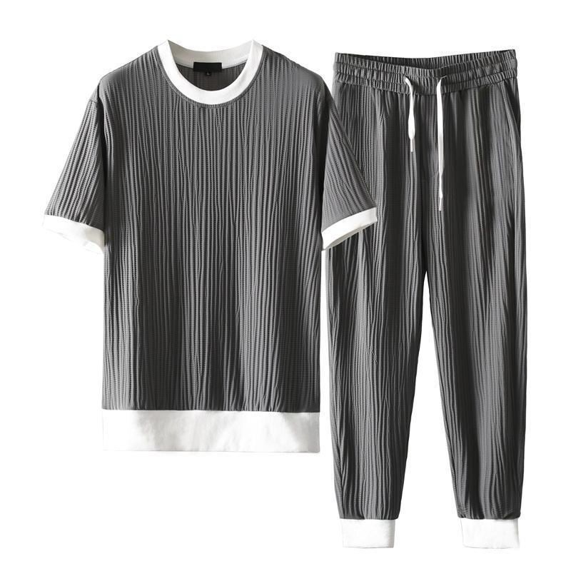 2024 New Minimalist Summer Solid Color Men's T-shirt Pleated Elastic Breathable Short Sleeved Thin Loose Ankle Length Pants Sets