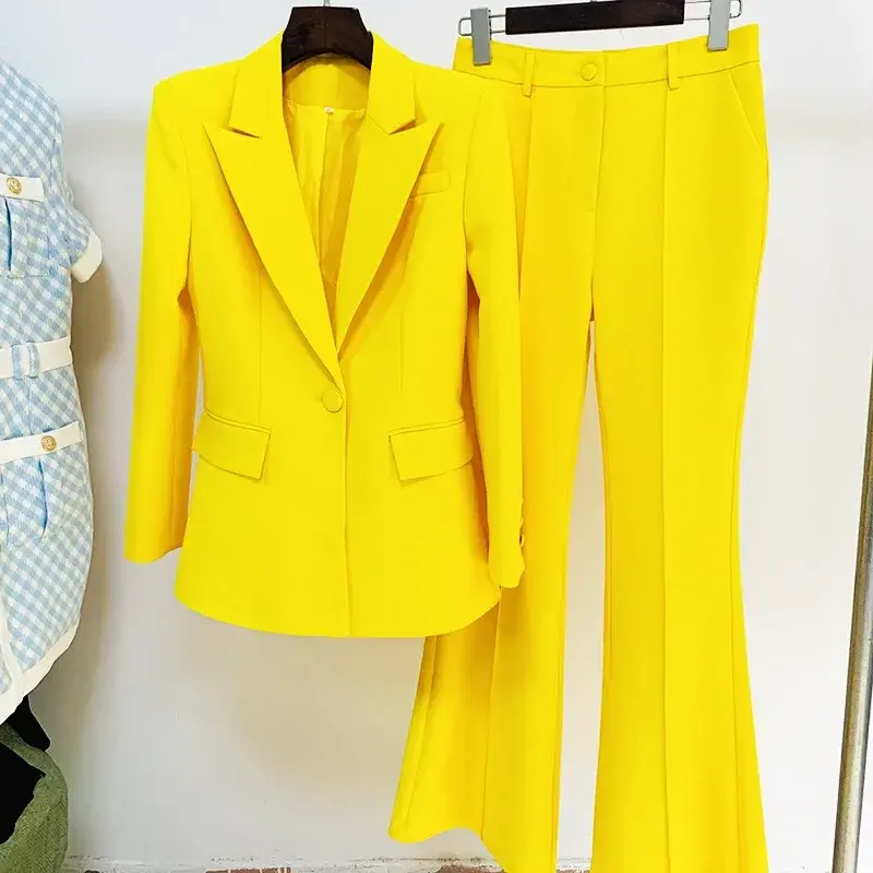 Yellow Women Suits Set 2 Pieces Female Cotton Spring Formal Office Lady Business Work Wear Flare Trousers Coat Prom Dress