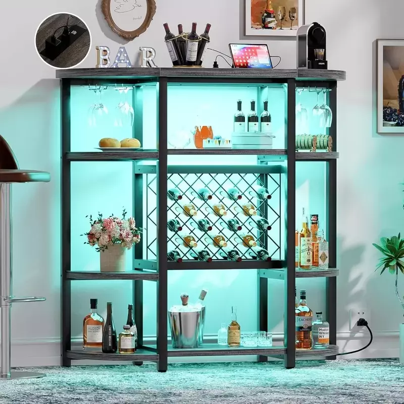 Farmhouse Bar Cabinet With Freestanding Wine Rack for Home Kitchen Wine Bar Cabinet With Led Lights and Power Outlets