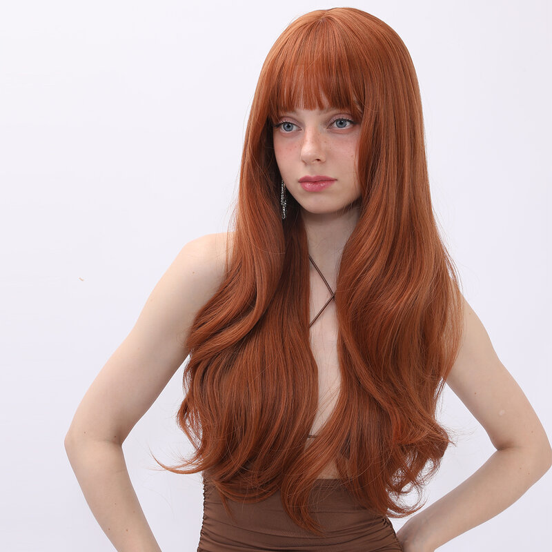Perucas sintéticas encaracoladas longas para mulheres, peruca ondulada natural com Franja plana, peruca colorida resistente ao calor, laranja e dourada, diária e festa
