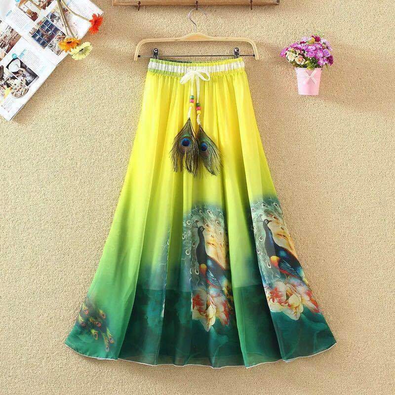 2024 Summer Temperament Ethnic Style Printed Women's Dress Lace Up High Waist Elastic Mid Length Large Swing Chiffon Beach Skirt