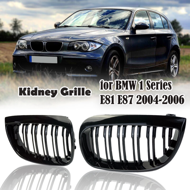 2 PCS Gloss Black Racing Grills Front Kidney Grille Grill  2 Lines Double Slats For BMW 1Series E81 E87 120I 128I 130I 2004-2007