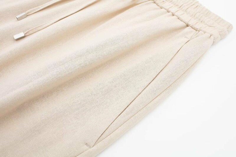 Pantalones holgados de lino para mujer, pantalón de pierna ancha con bolsillos laterales, cintura alta elástica, elegante, 2024