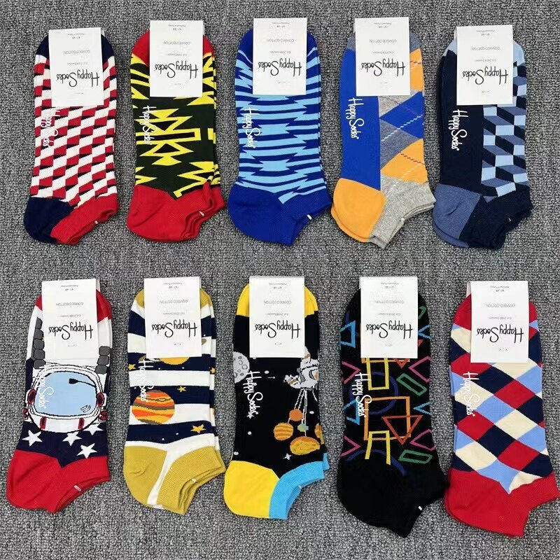 Happy Socks Men's Color Sports Fashion Four Seasons Pure Cotton Boat Socks SIZE 41-46