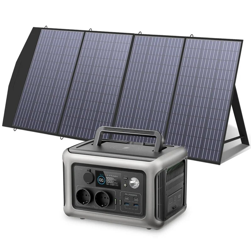 ALLPOWERS R600 Gerador Solar com Painel Solar Incluído, 600W 299Wh LiFePO4 Power Station Portátil com Carregador Solar para Acampamento